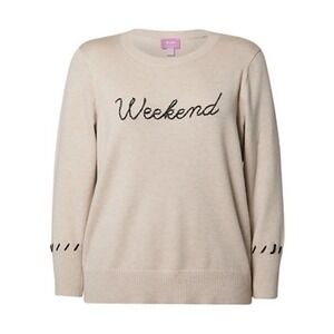 Muse Beige Sweater Black Stitching "WEEKEND"Graphic Women's Sz 1X $88